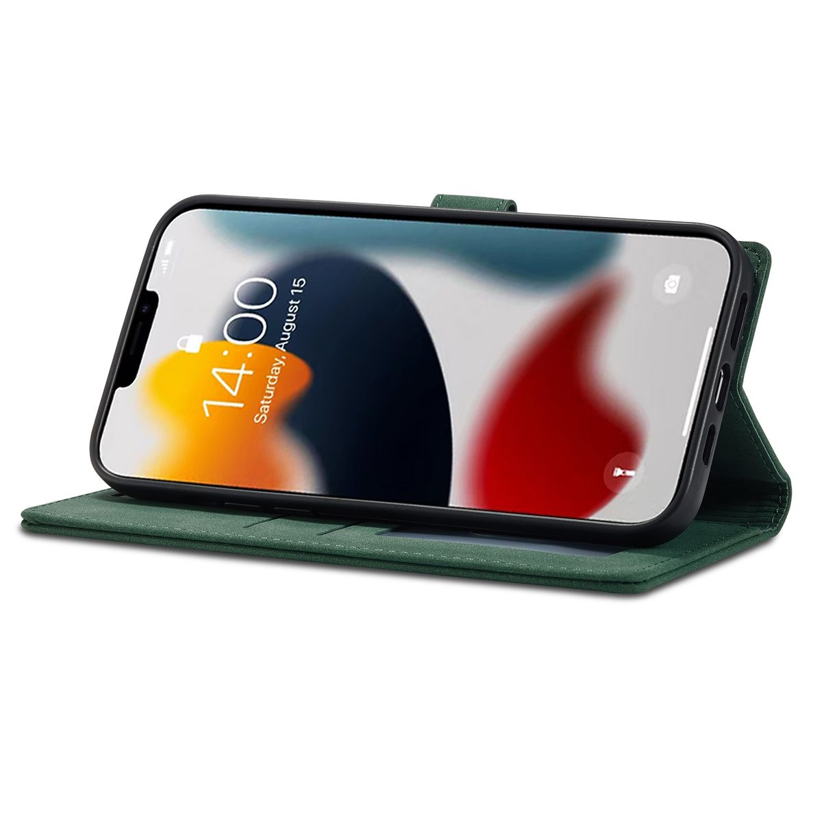 Grüne Handyhülle mit Telefon darin, zeigt den Bildschirm mit Datum und Uhrzeit.
