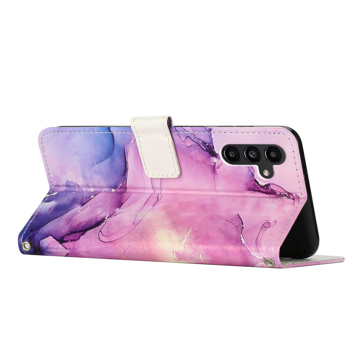 Offene Handyhülle mit abstraktem lila und pinkfarbenem Design. Telefon innen.