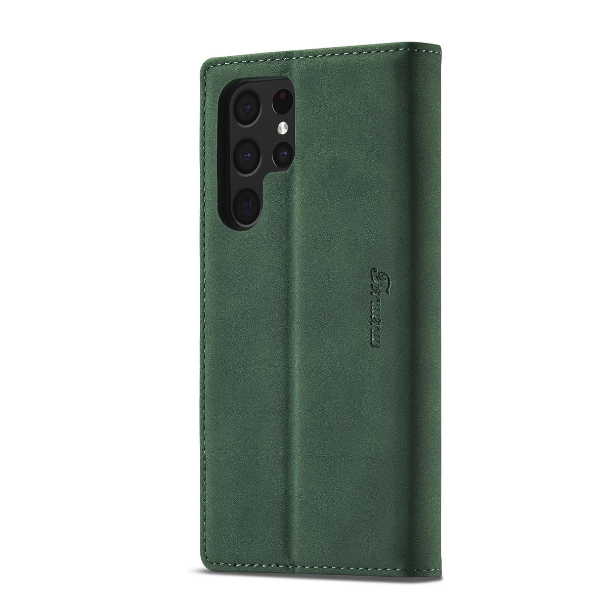 Grüne Handyhülle, geschlossen. Die Hülle hat ein einfaches Design und einen Kameraausschnitt.