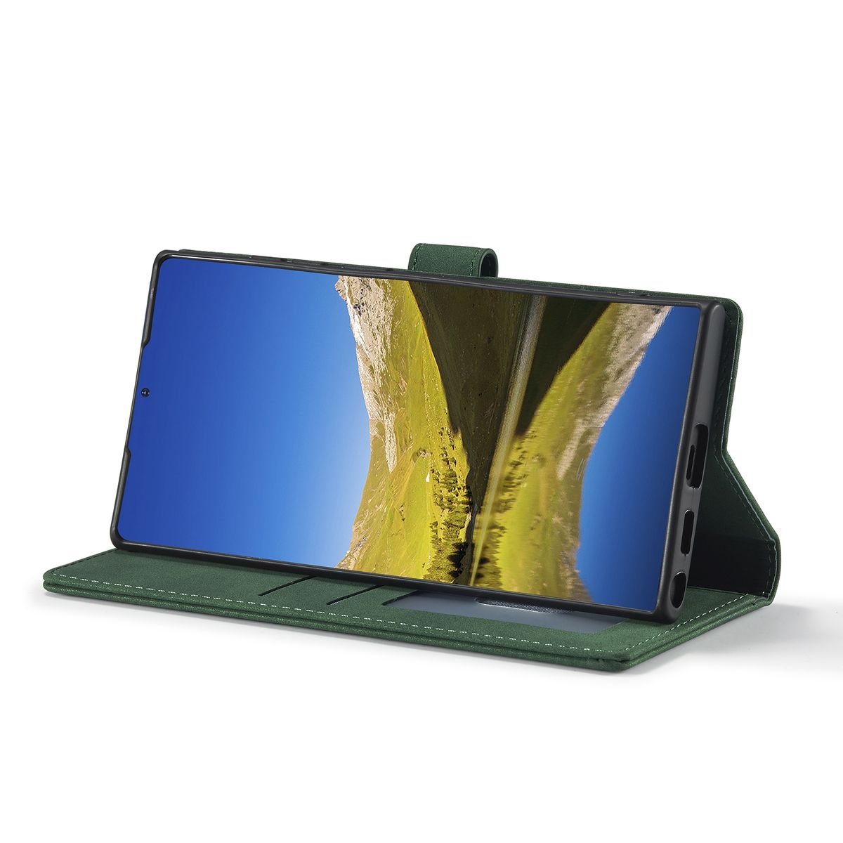Grüne Handyhülle offen, mit Telefon. Das Telefon zeigt eine blau-grüne Szene.