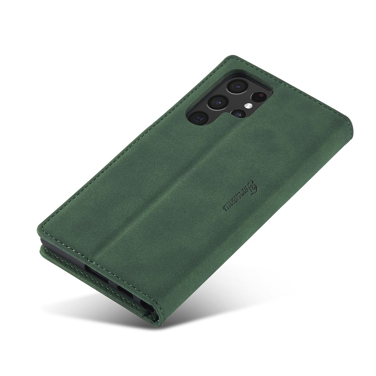 Eine grüne Handyhülle mit Flip Cover. Die Hülle hat eine strukturierte Optik und eine dunkelgrüne Farbe.