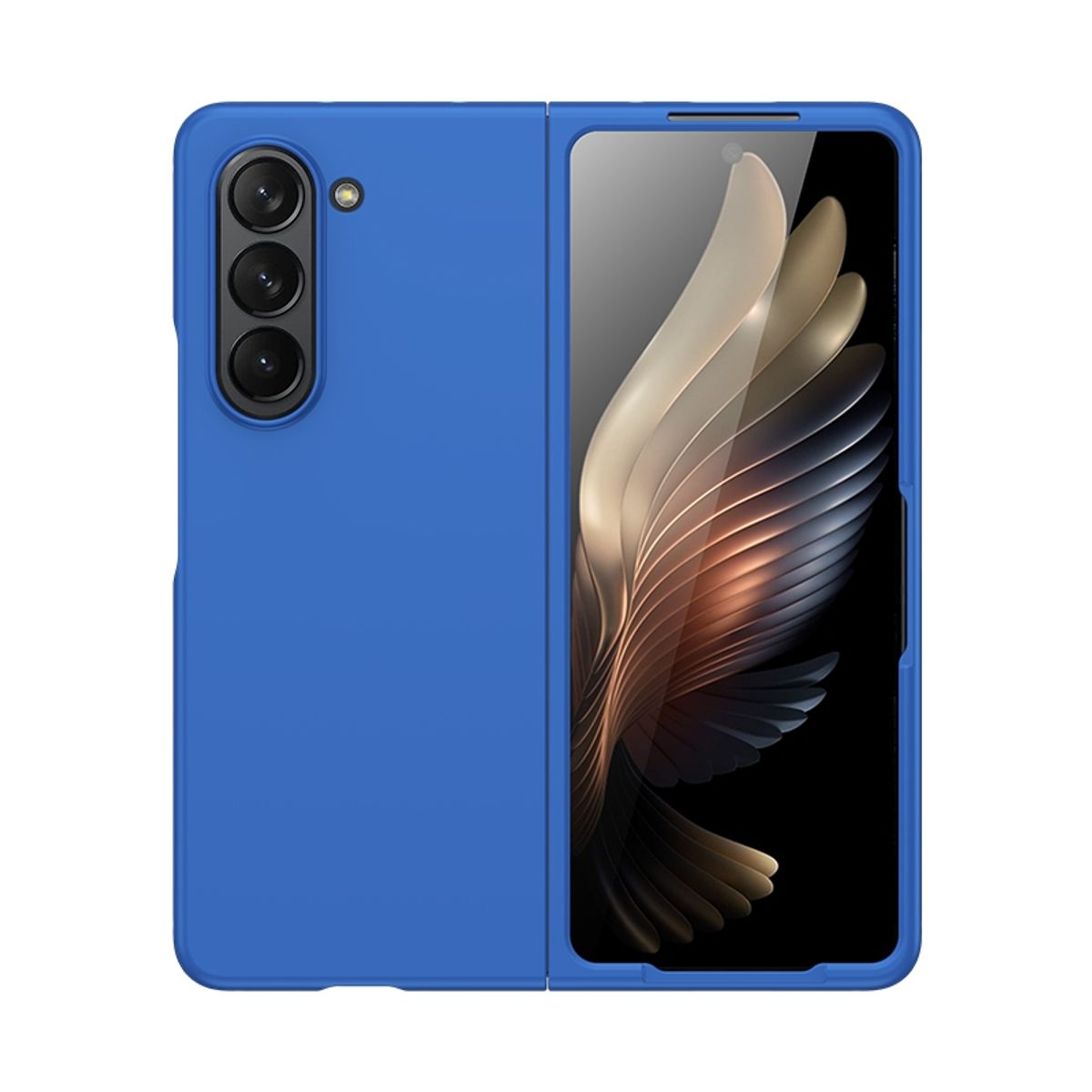Eine blaue Handyhülle, offen und geschlossen, die ein Telefon mit drei Kameras zeigt.