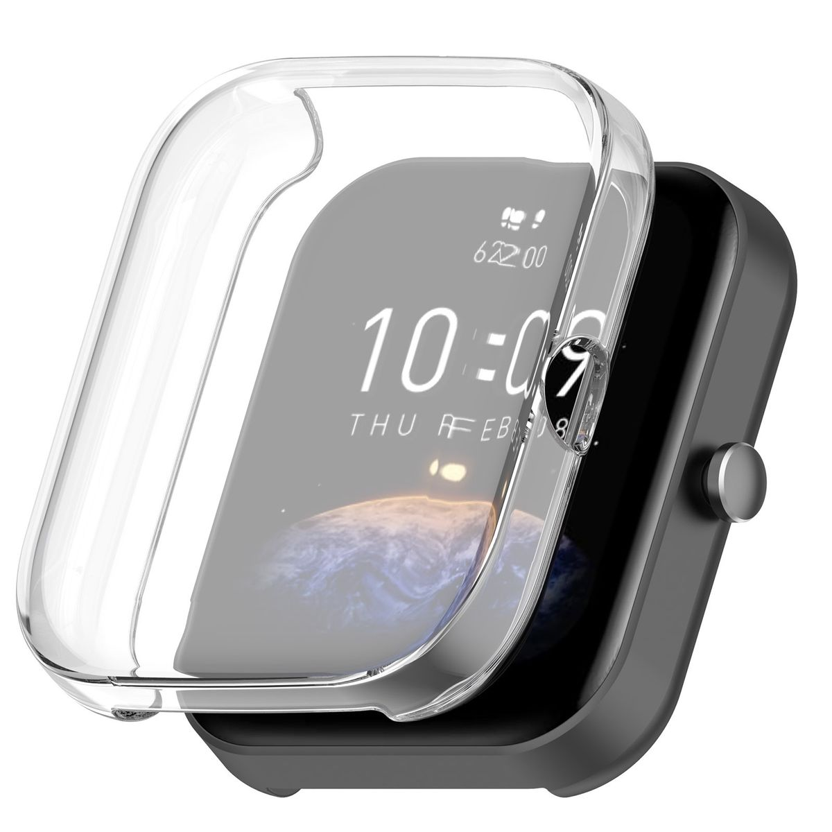 Klare Uhrenhülle, die eine Smartwatch schützt. Die Uhr zeigt die Uhrzeit und das Datum an.