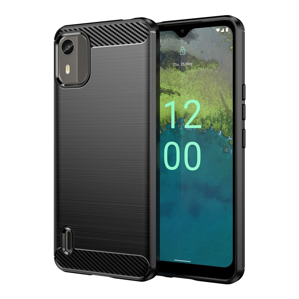 Schwarzes Telefon mit Hülle, zeigt den Bildschirm mit Datum und Uhrzeit. Die Hülle hat ein strukturiertes Design.