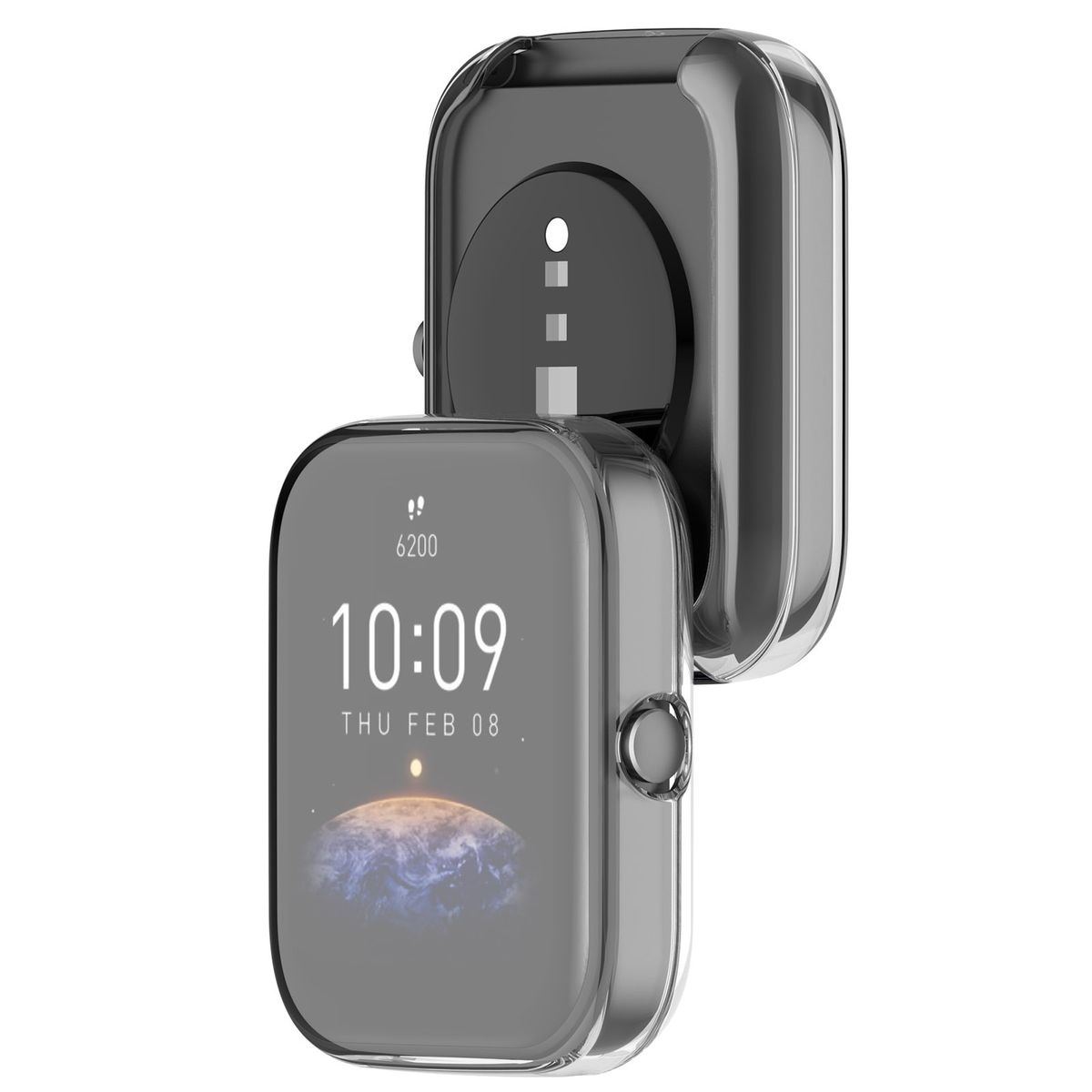 Schwarze Smartwatch mit durchsichtigem Gehäuse, zeigt Zeit und Datum.