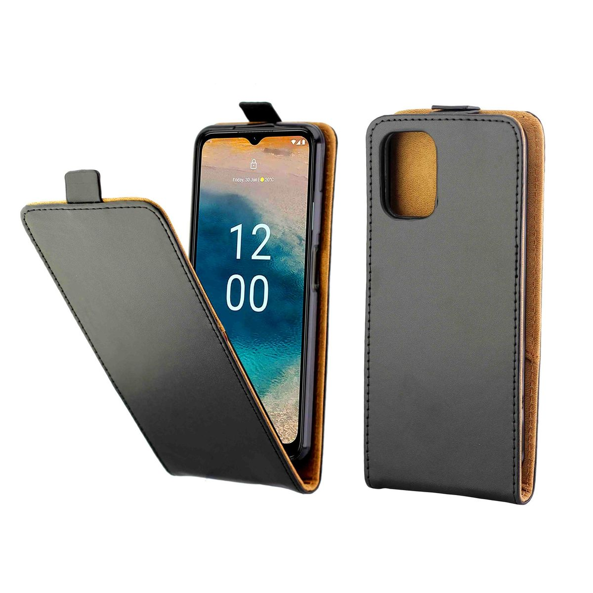 Schwarze und braune Handyhülle, offen, mit sichtbarem Telefon. Schwarzer Hintergrund.