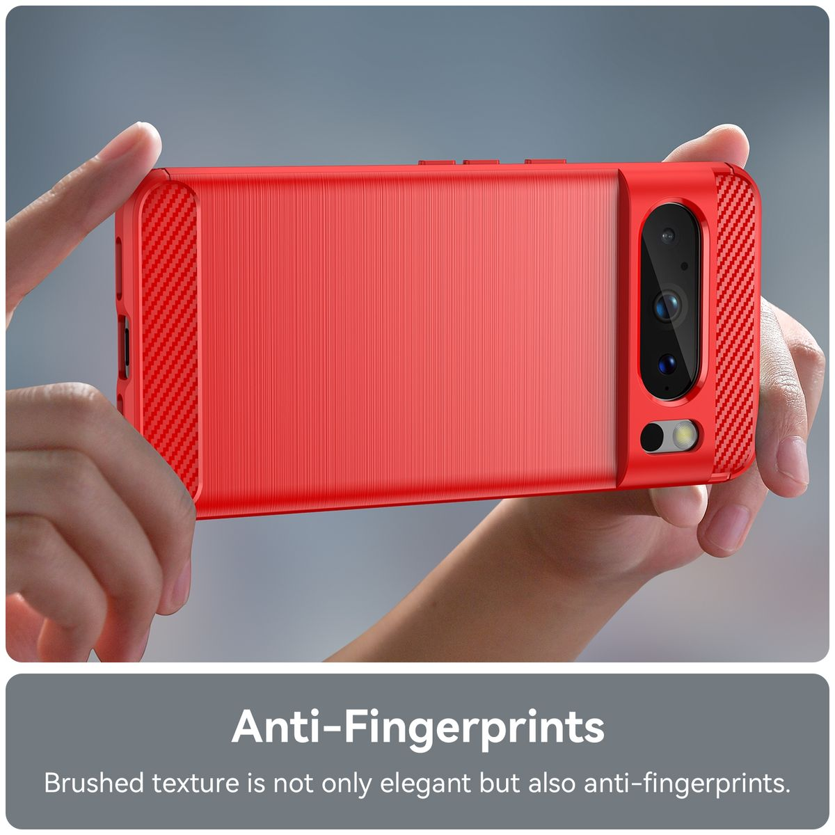 Rote Handyhülle in Händen, Text: 'Anti-Fingerprints'.