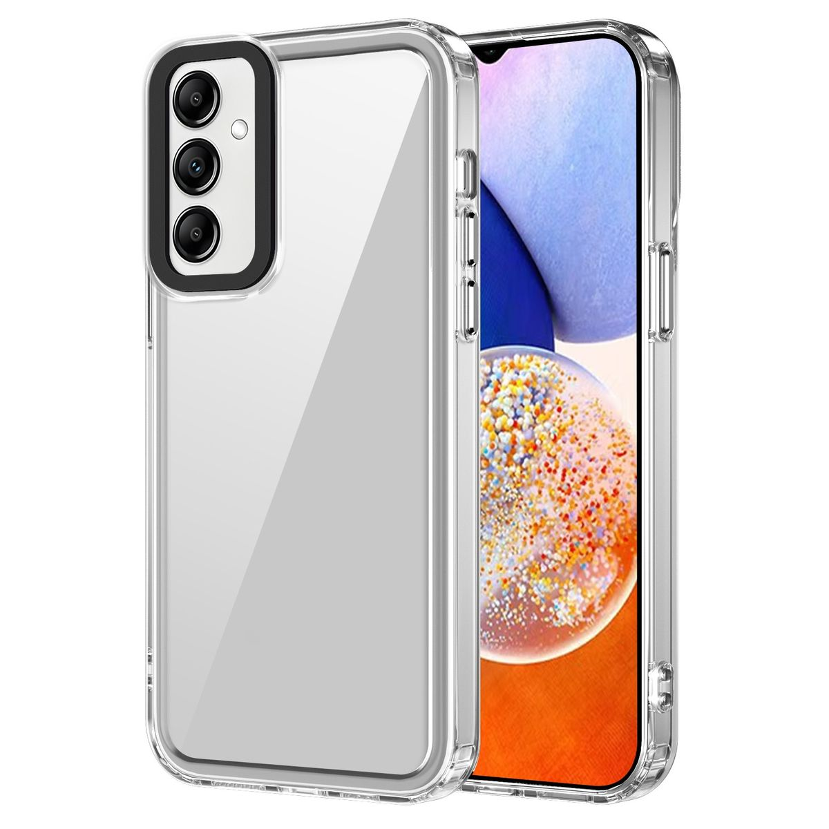 Transparente Handyhülle auf einem Telefon. Es hat einen schwarzen Kamerarahmen.