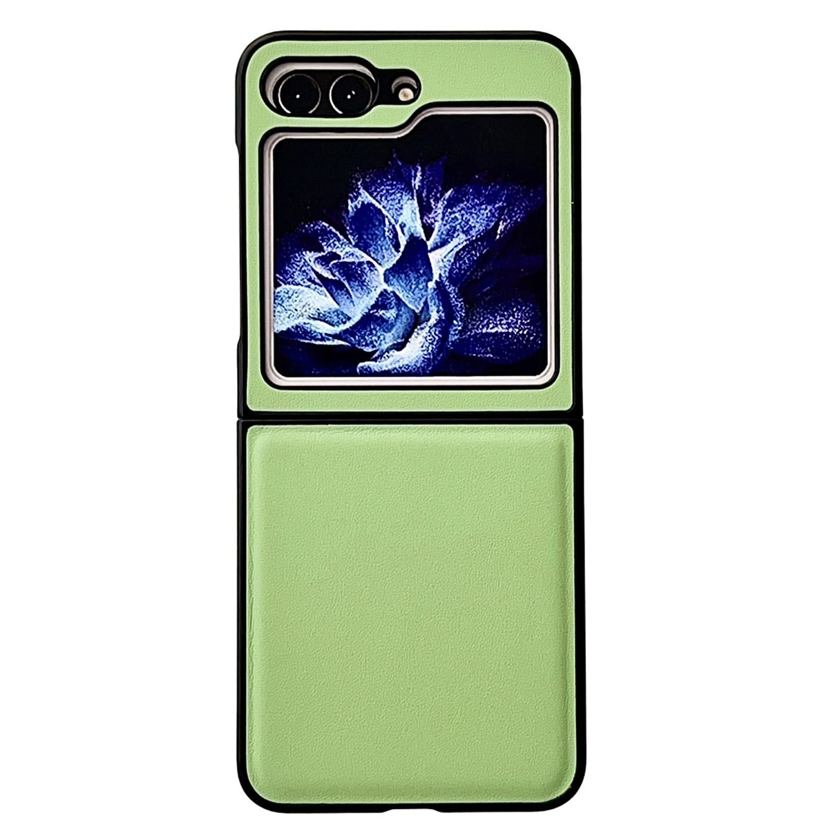 Grüne Handyhülle mit schwarzem Rahmen und ein Telefon, das ein blaues Blumenbild anzeigt.