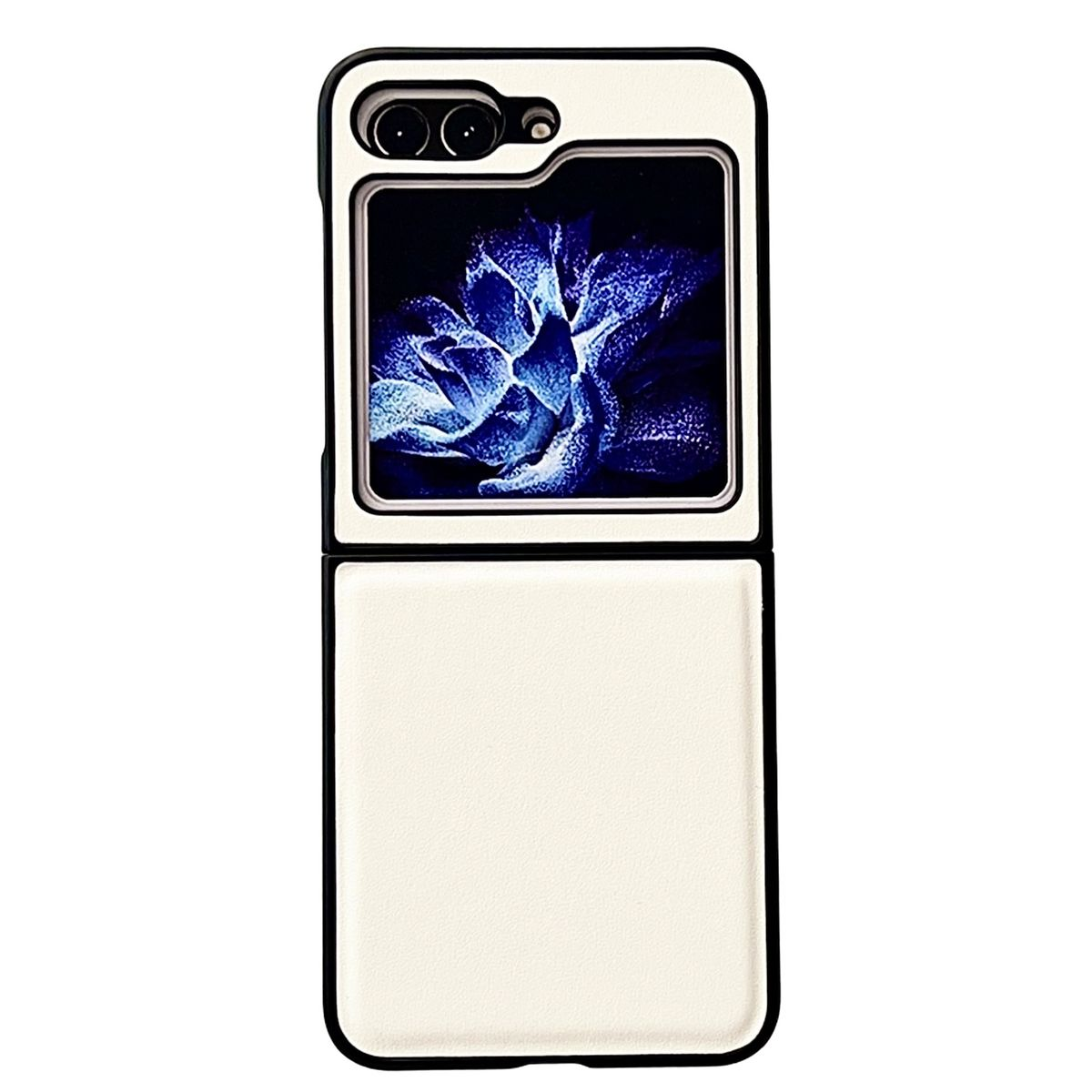 Handyhülle, cremefarben, mit blauem Blumenbild. Es ist offen und zeigt das Telefon.