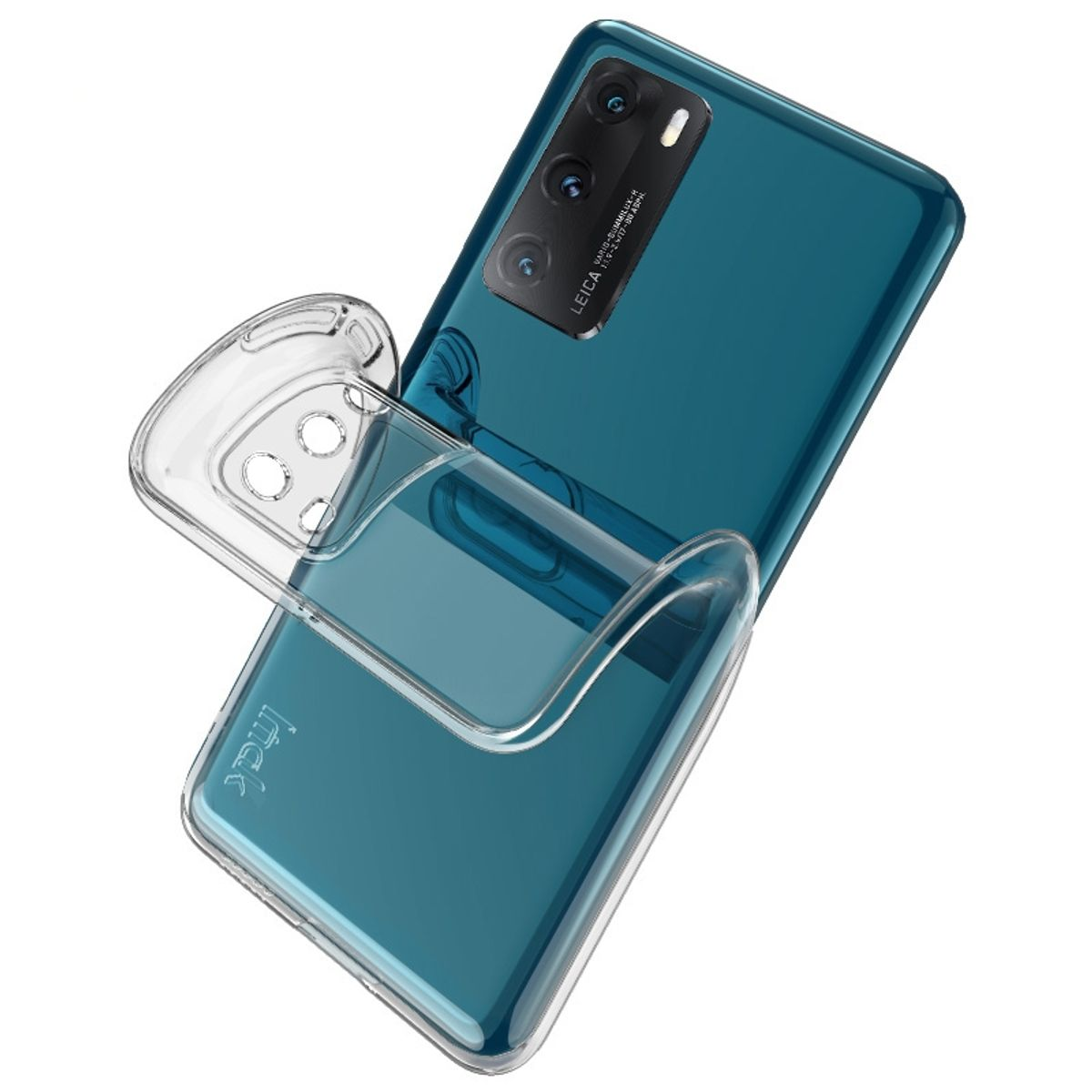 Transparente Handyhülle auf einem blauen Telefon. Das Telefon ist leicht geneigt.