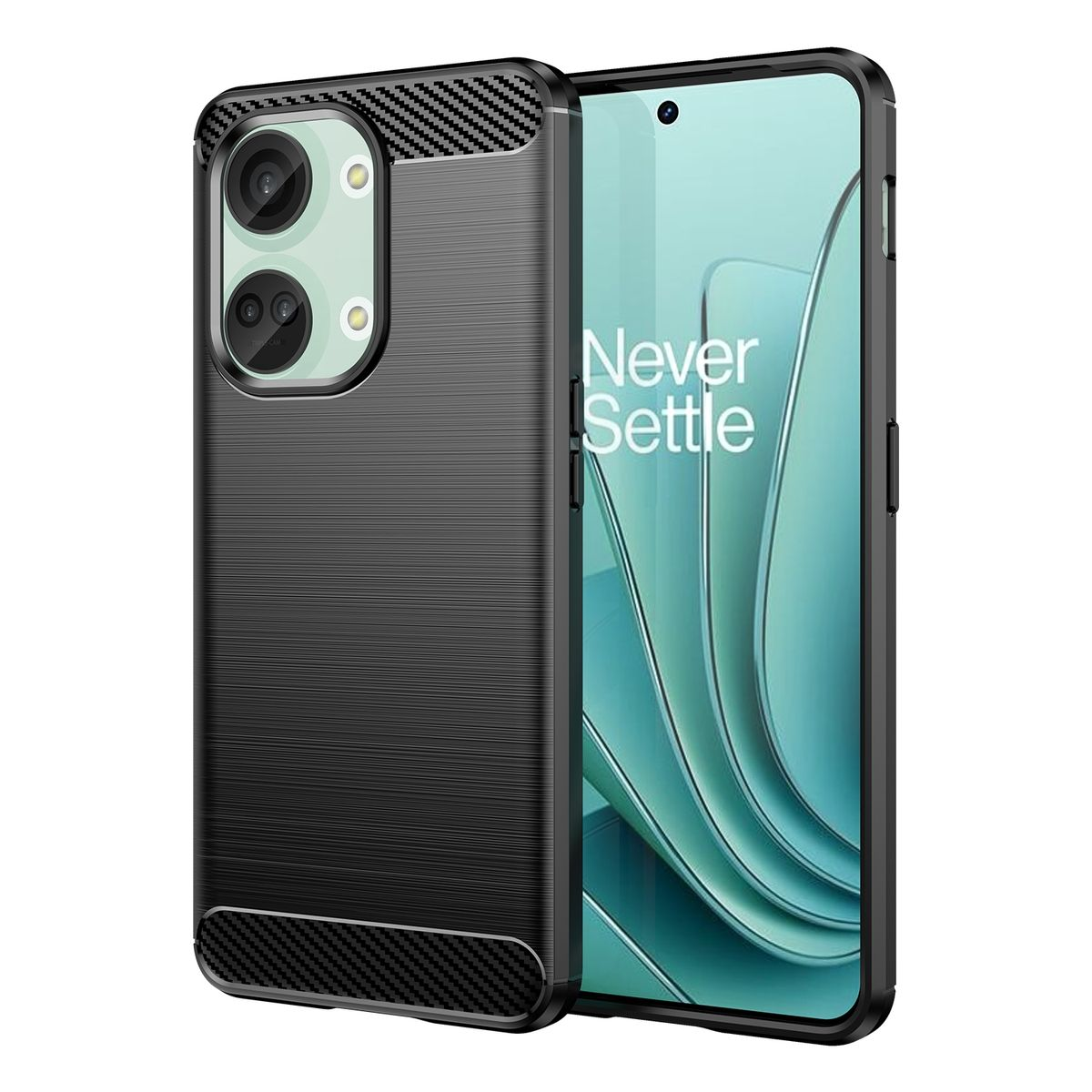Schwarze Handyhülle mit Kohlefasermuster. Das Telefon ist schwarz und hat zwei Objektive.