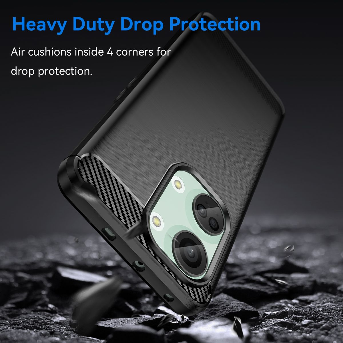 Schwarze Handyhülle mit strukturierter Oberfläche. Text: Heavy Duty Drop Protection. Das Telefon ist angewinkelt.