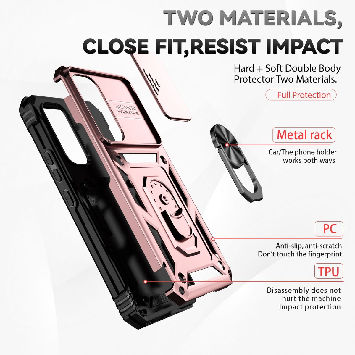 Eine Handyhülle mit einem metallisch-rosa Rahmen. Es ist mit schwarzen und rosa Komponenten geschichtet. Text: Zwei Materialien, enge Passform.