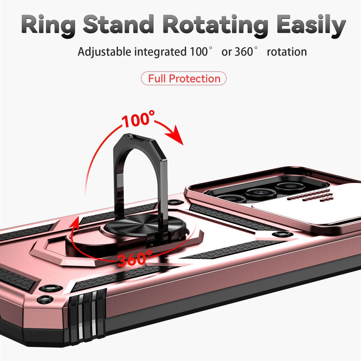 Handyhülle mit Ringständer, 100 oder 360 Grad drehbar, roségoldfarben.
