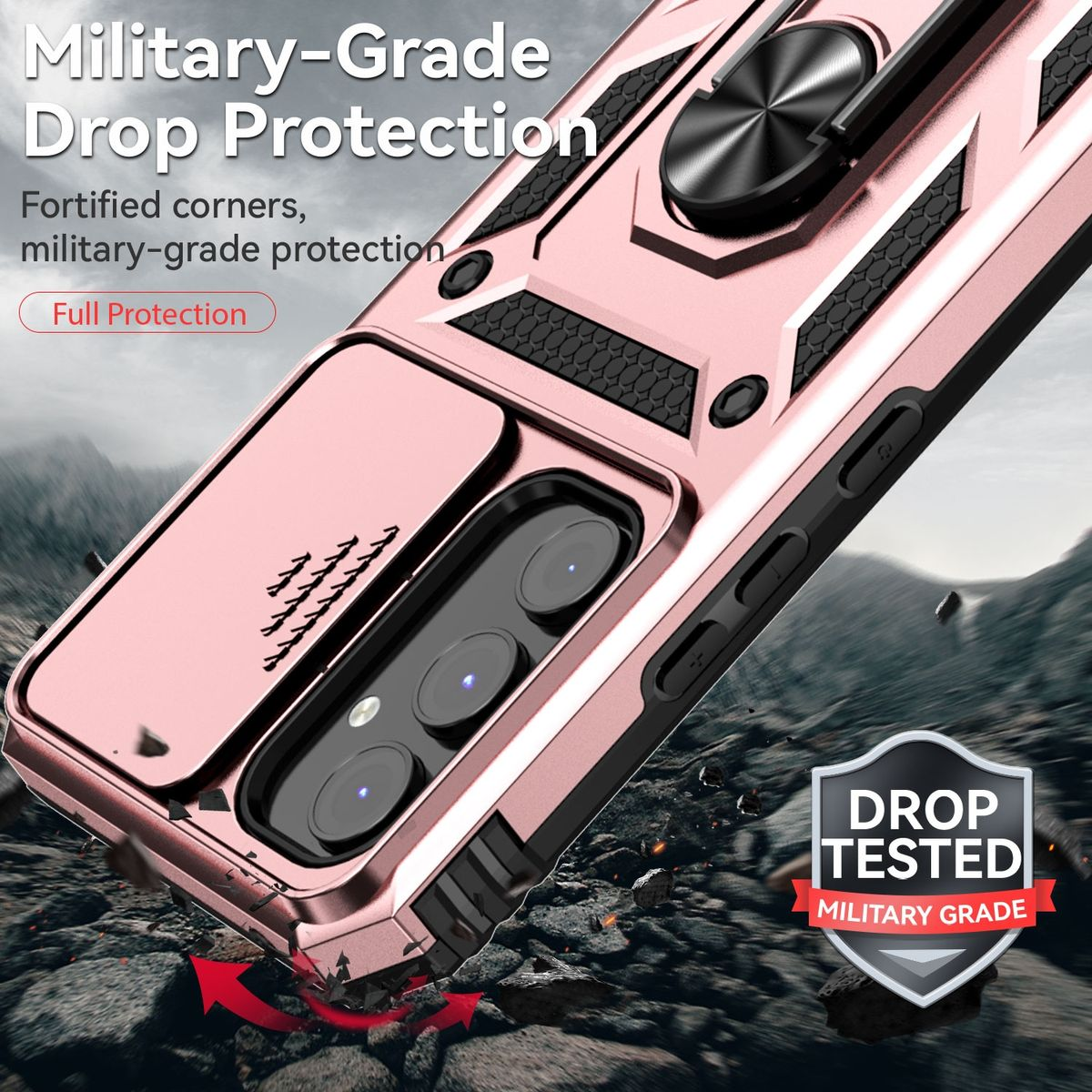 Roségoldene Handyhülle. Text: Schutz vor Stürzen in Militärqualität. Verstärkte Ecken. Fallgetestet, Militärqualität.