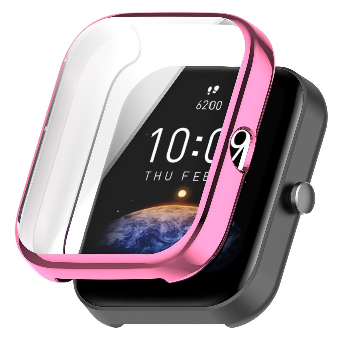 Uhrengehäuse: rosafarbener Rahmen, klare Bildschirmabdeckung. Zifferblatt sichtbar. Schwarze Uhr mit rosa Akzenten.