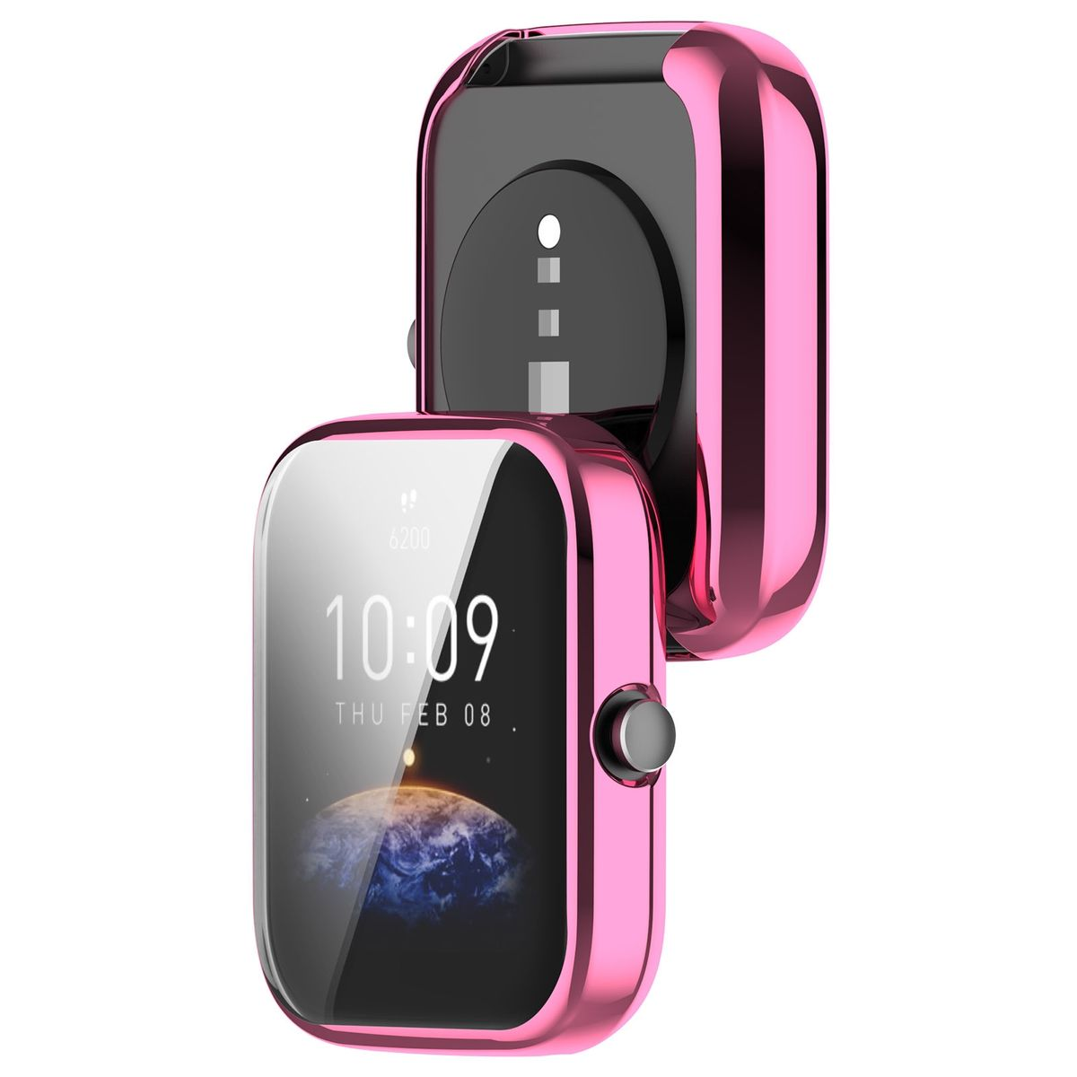 Ein rosa Uhrengehäuse mit Bildschirm, der 10:09 und einen schwarzen Innenraum zeigt.