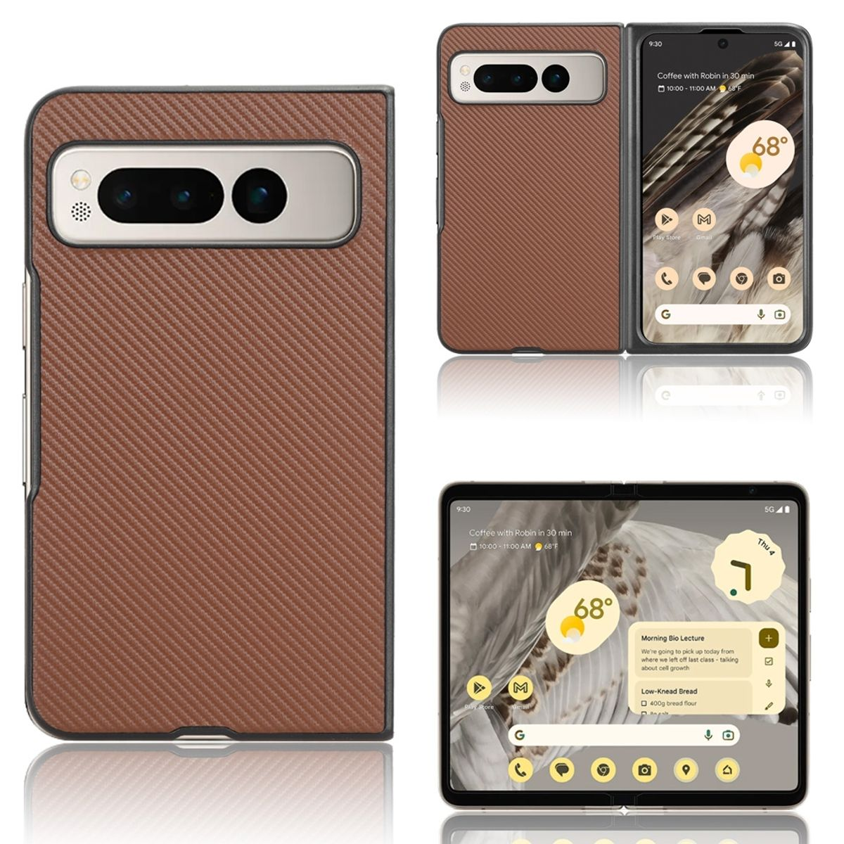 Telefonhülle offen und geschlossen, braun mit Karbonfaserstruktur. Telefonbildschirm sichtbar.
