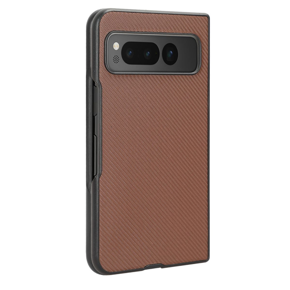 Braune Handyhülle mit Carbonfaser-Textur und schwarzem Rand. Telefon mit zwei Kameras ist sichtbar.