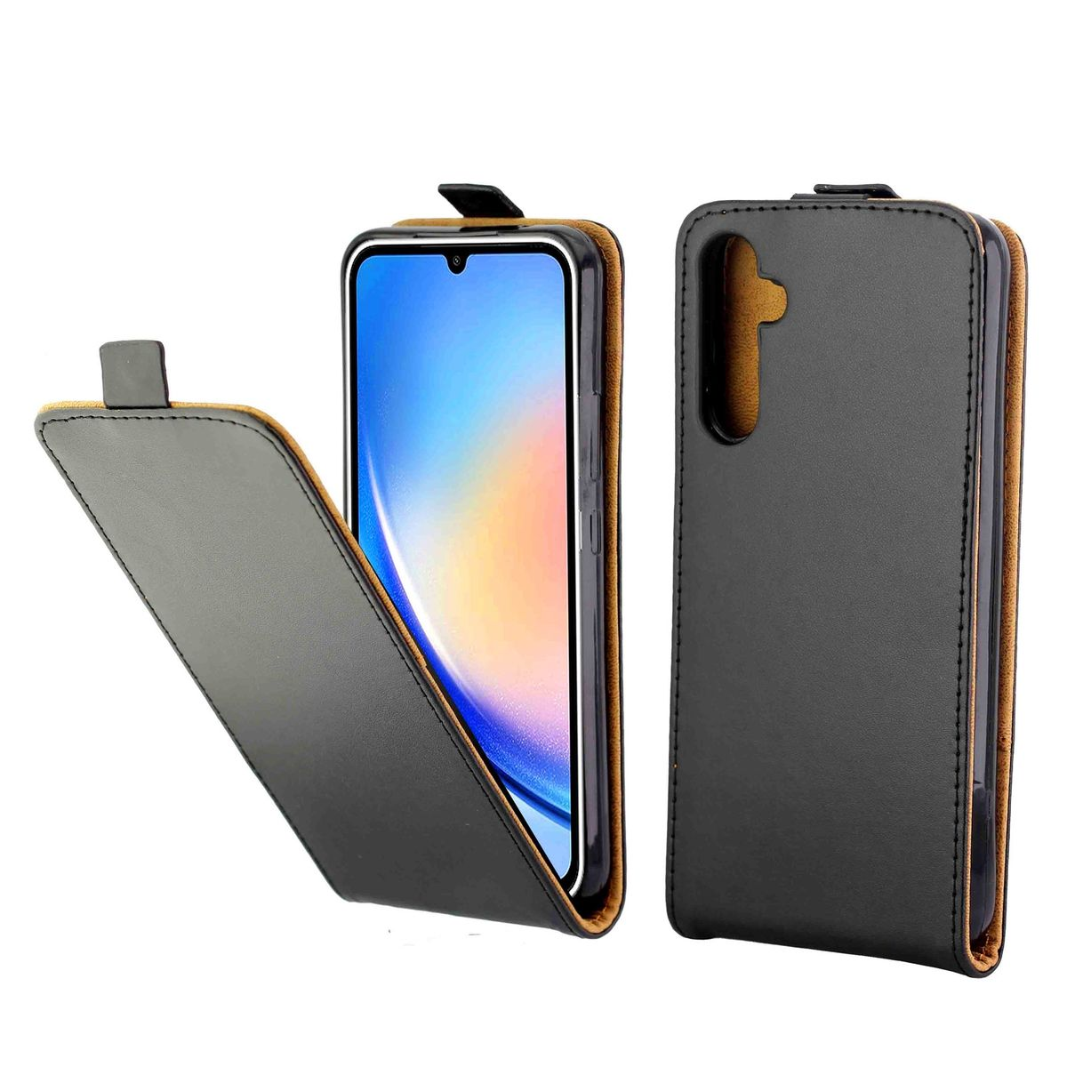 Eine schwarze Handyhülle mit Telefon und geöffnetem Deckel. Es ist aus Leder.