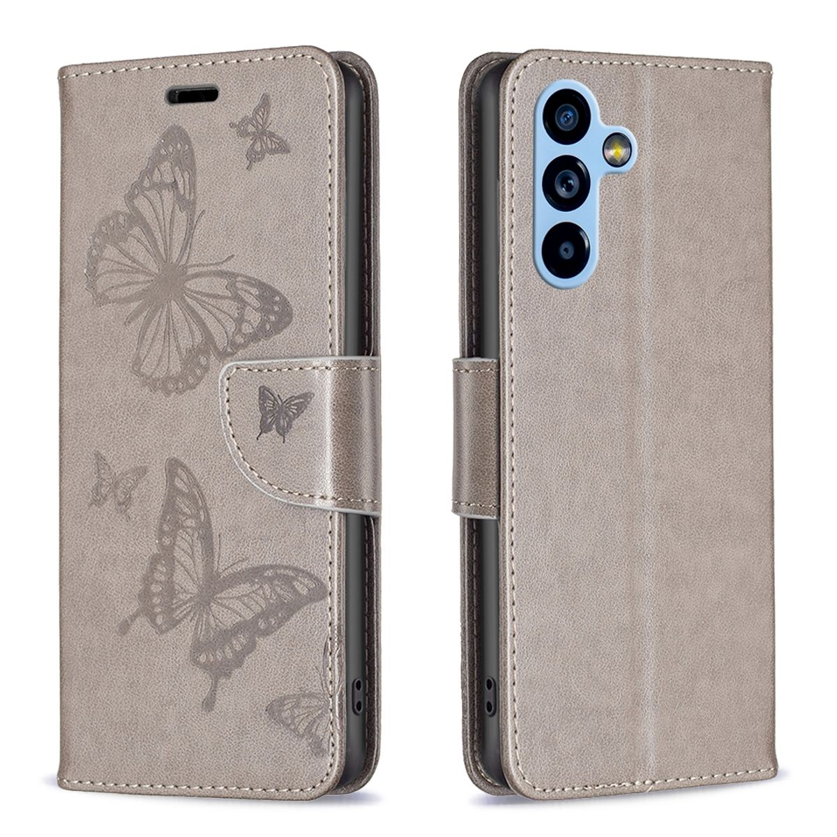 Graue Handyhülle mit Schmetterlingsmotiven auf dem Cover. Zeigt das Telefon und seine Kameras.