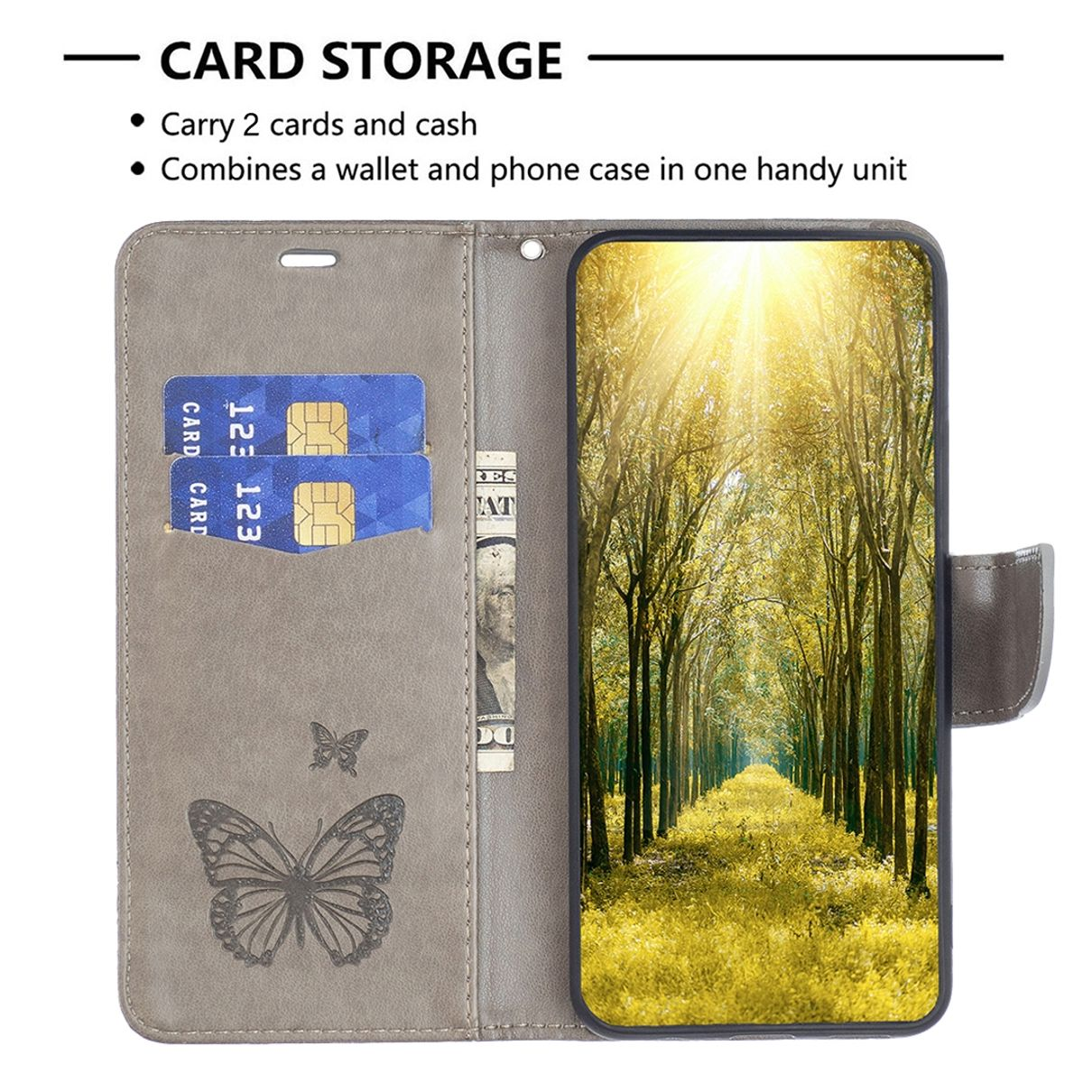 Graues Handy-Geldbörsenetui offen, mit zwei Karten, Bargeld und einem Telefon, das eine Waldszene anzeigt.