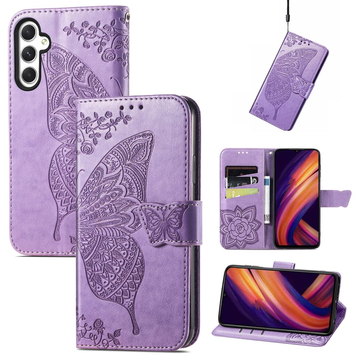 Lila Handyhülle mit Schmetterlingsdesign und Karten. Ein Telefon mit Blumenbild ist geöffnet.