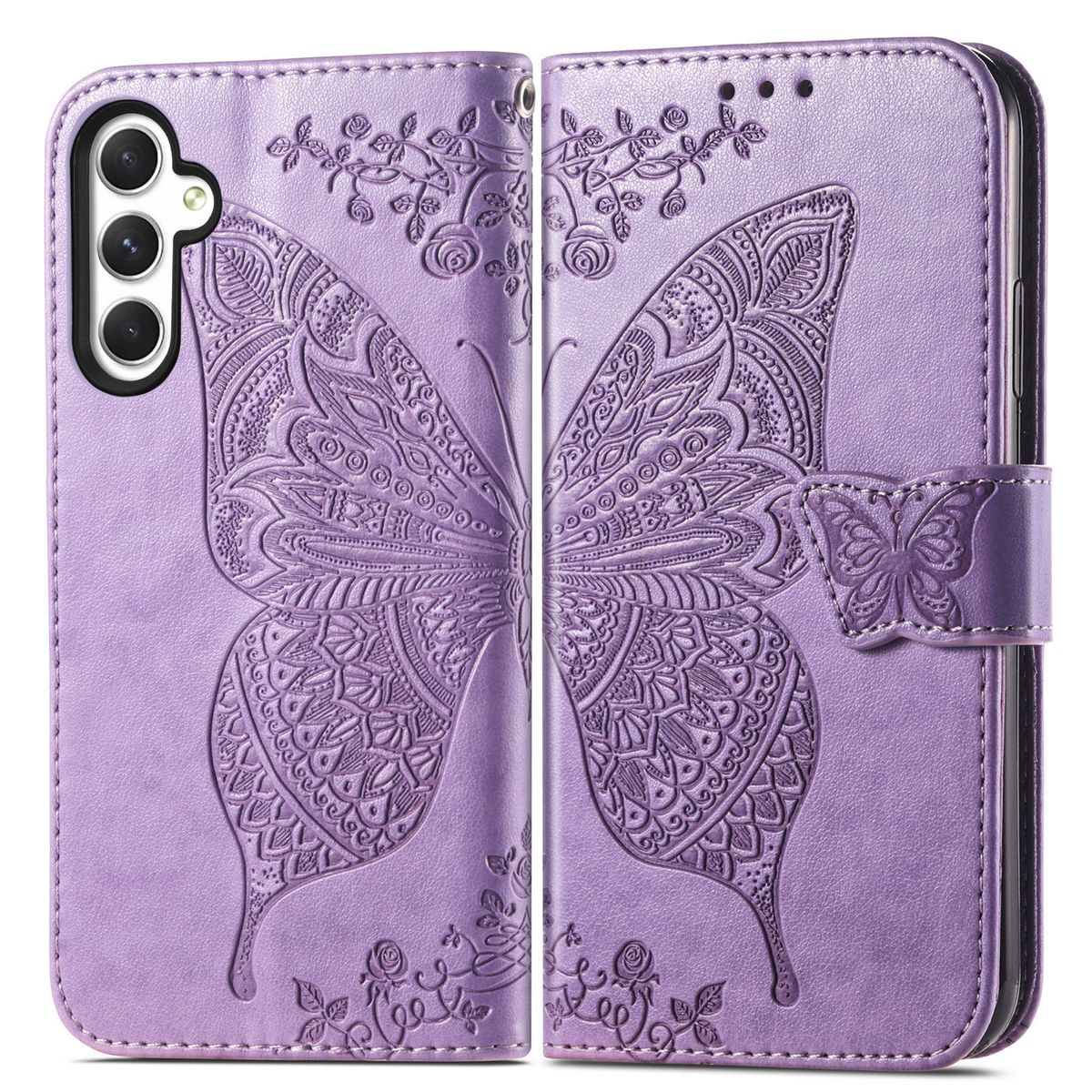 Lila Handyhülle mit Schmetterlingsdesign, geöffnet, zeigt ein Telefon.