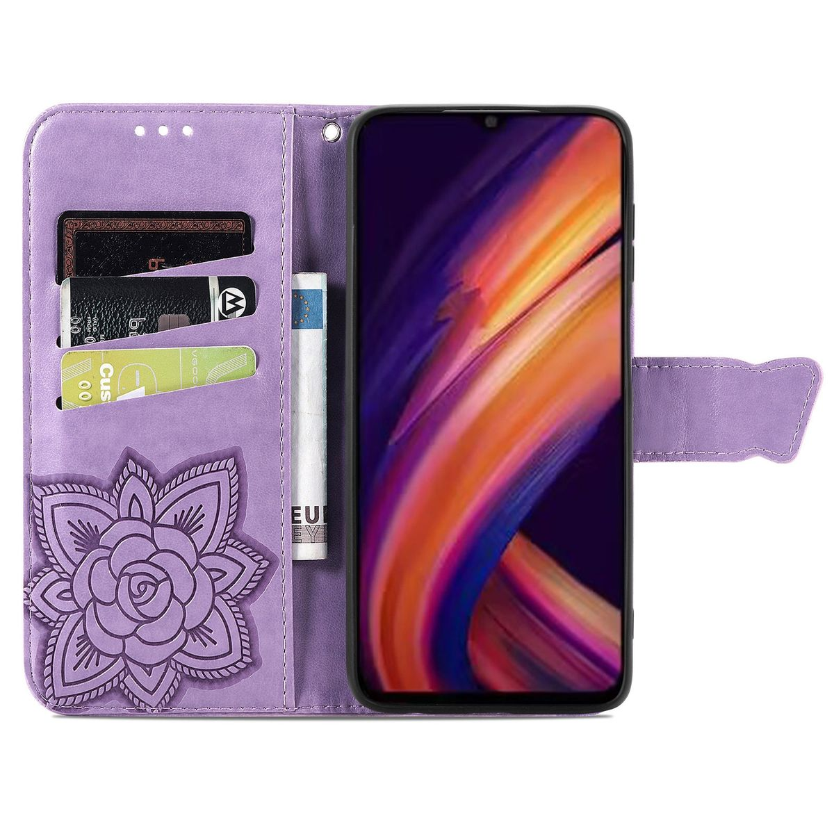 Eine lila Handyhülle offen mit einem Telefon darin. Die Hülle hat Kartenfächer und ein Blumendesign.