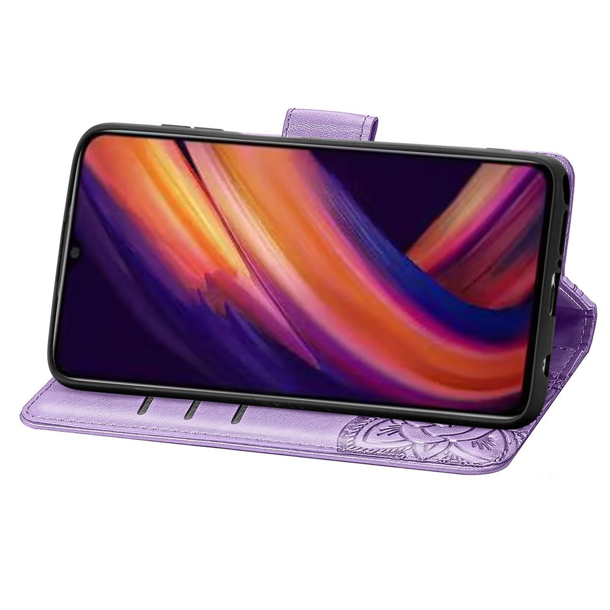 Lila Handyhülle mit Telefon darin, geöffnet. Blumendesign auf der Innenseite.