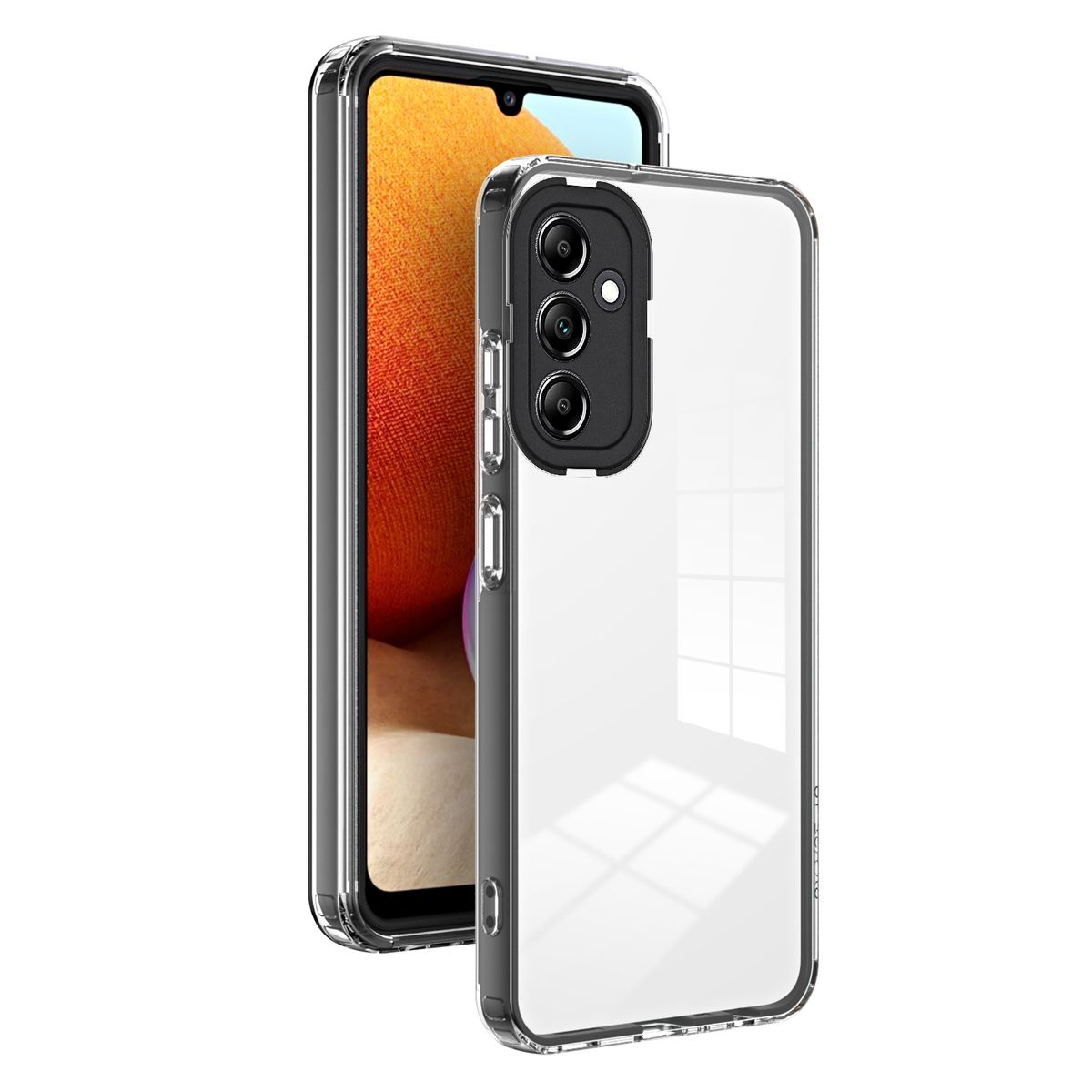 Transparente Handyhülle um ein Telefon. Das Telefon befindet sich im Hintergrund.