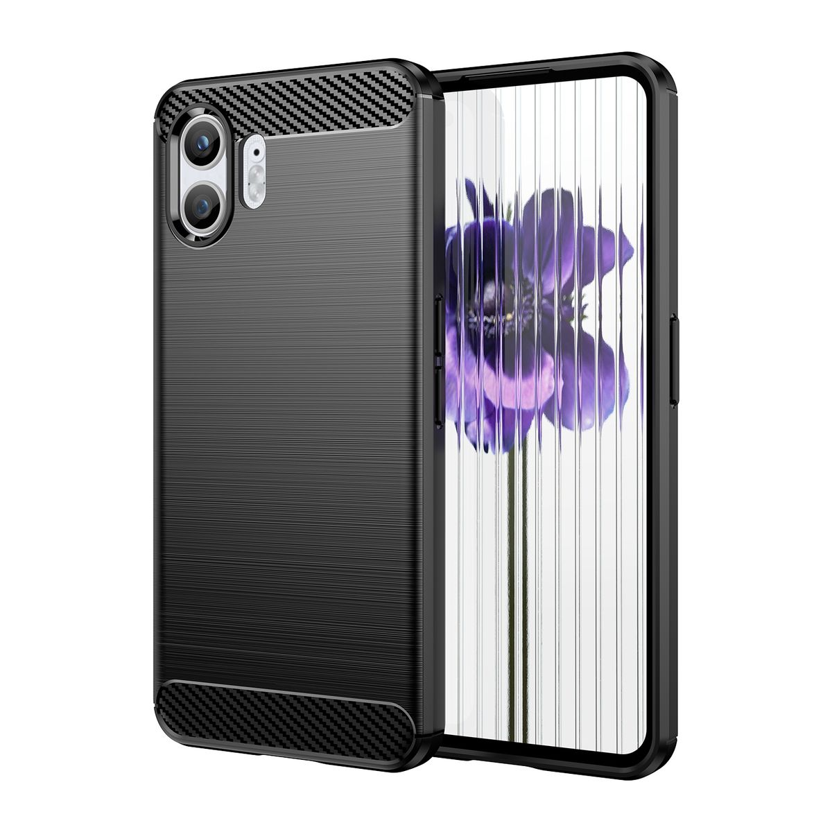Schwarze Handyhülle mit Carbonfasertextur, offen, um eine lila Blume vor weißem Hintergrund zu zeigen.