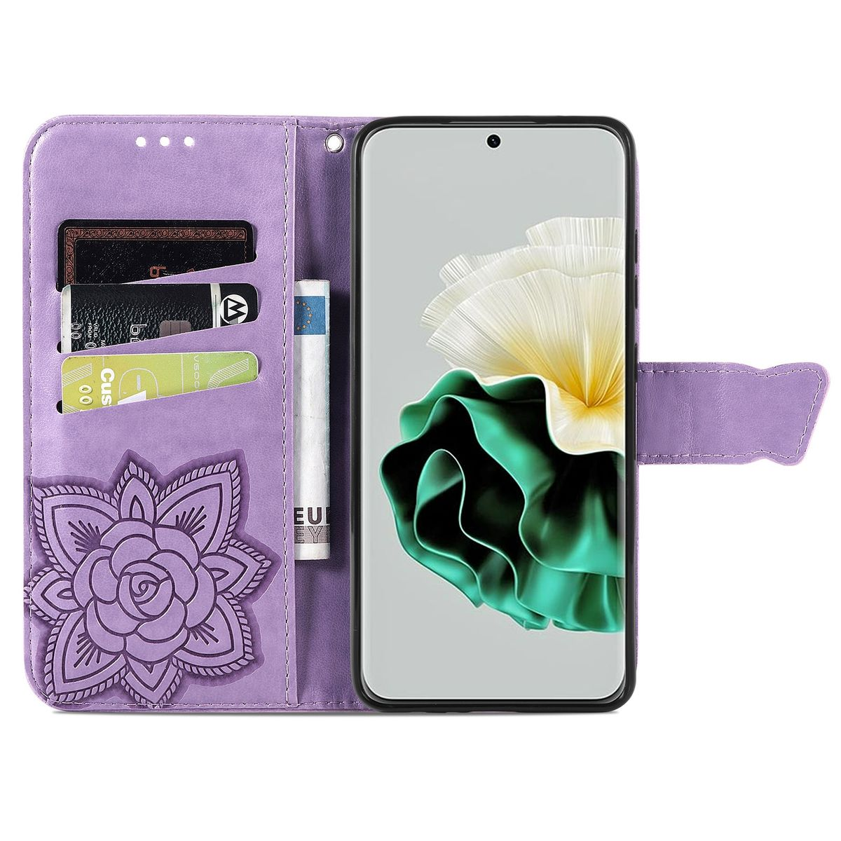 Lila Handyhülle mit Karten und Geld. Es hat ein Blumendesign und ein Telefon darin.