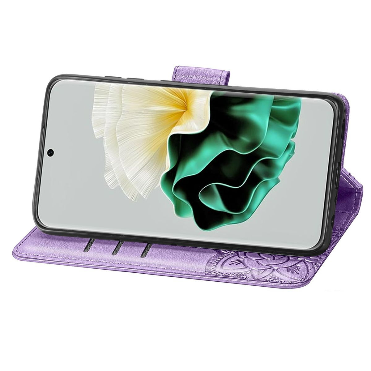Lila Handyhülle, offen, zeigt das Telefon. Das Telefon hat einen Bildschirm mit grünem Wasserdesign.