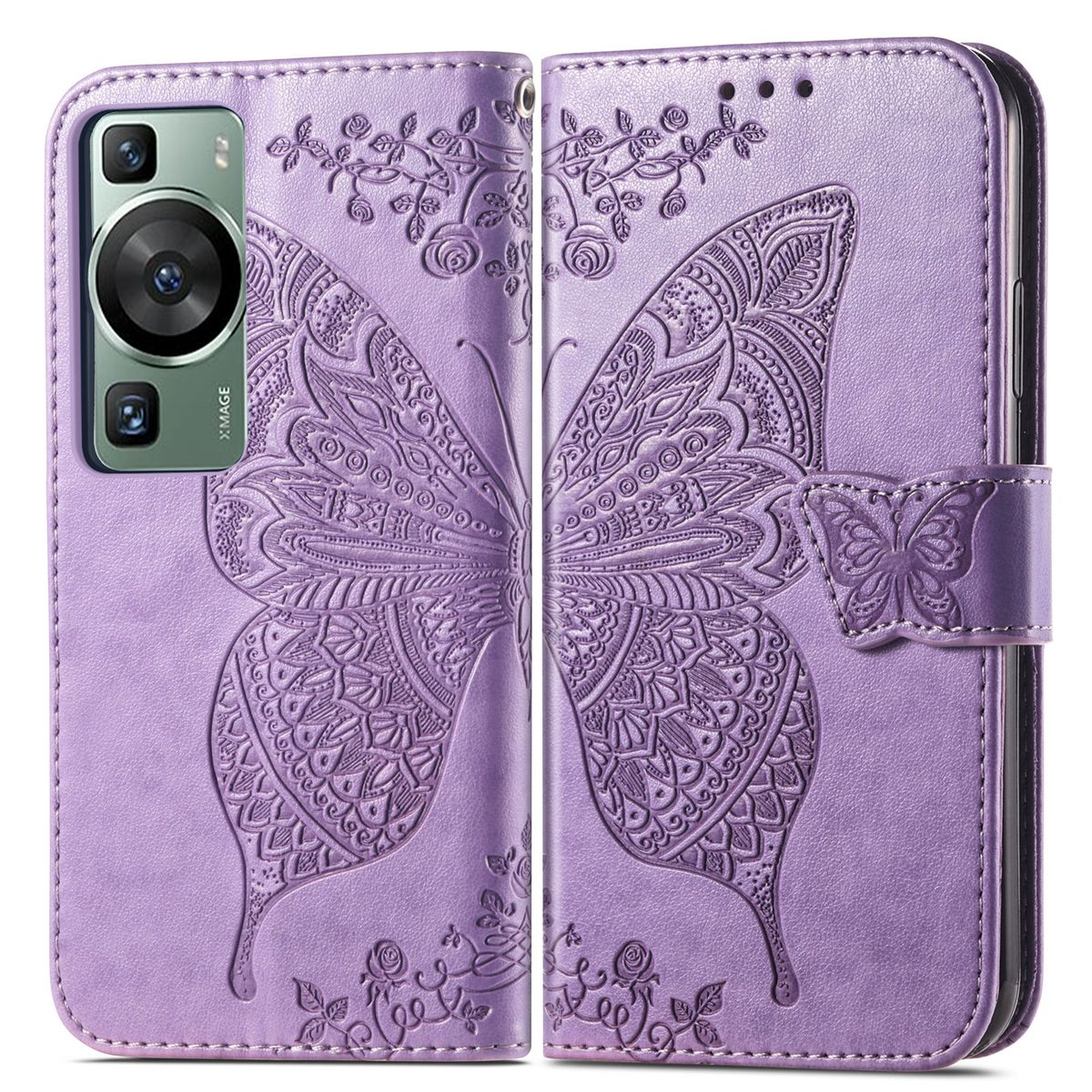 Eine lila Handyhülle mit einem geprägten Schmetterlingsdesign. Sie ist geöffnet und zeigt die Innenseite und das Telefon.