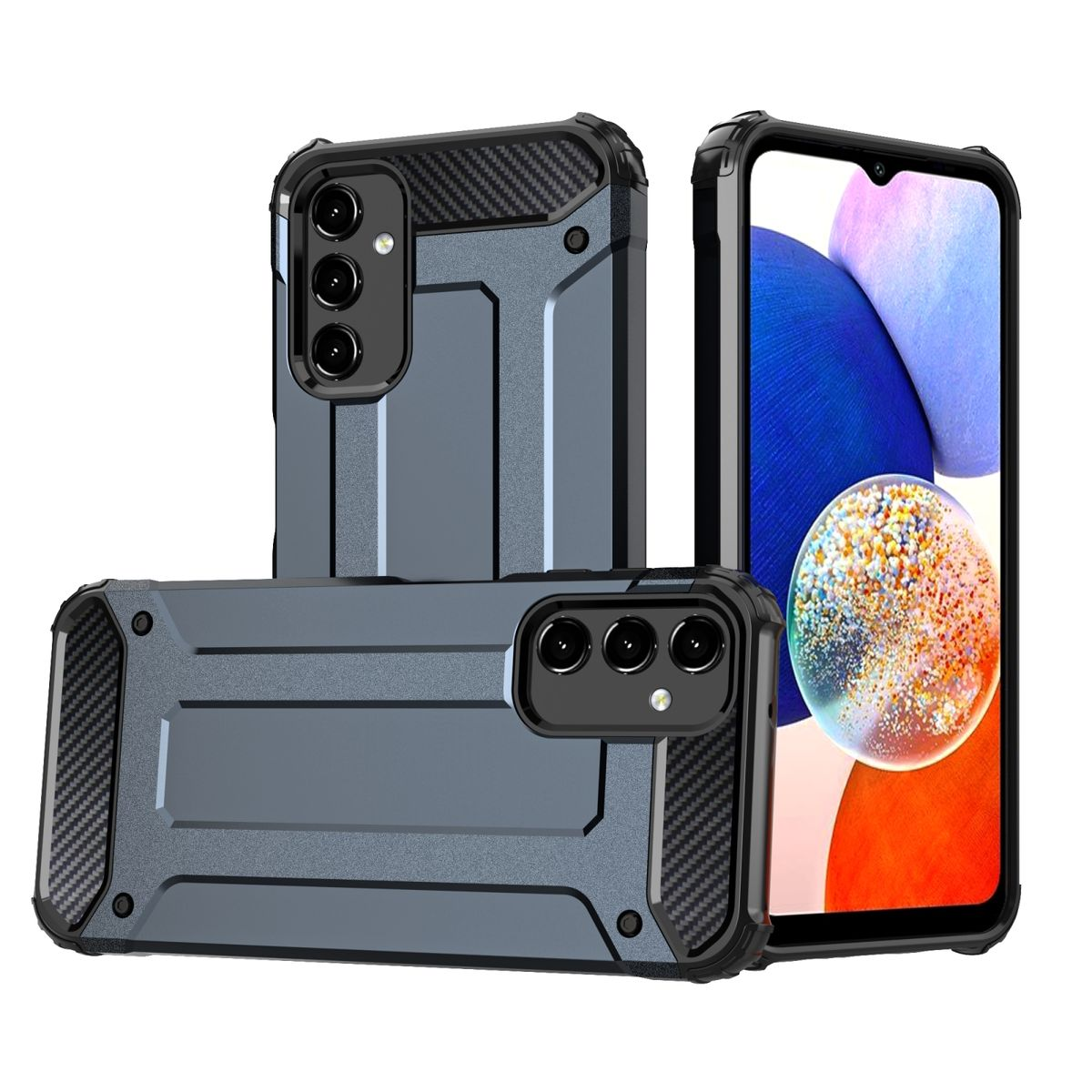 Graue Handyhüllen für ein Smartphone. Eine Hülle liegt auf zwei anderen, Kameras sichtbar.