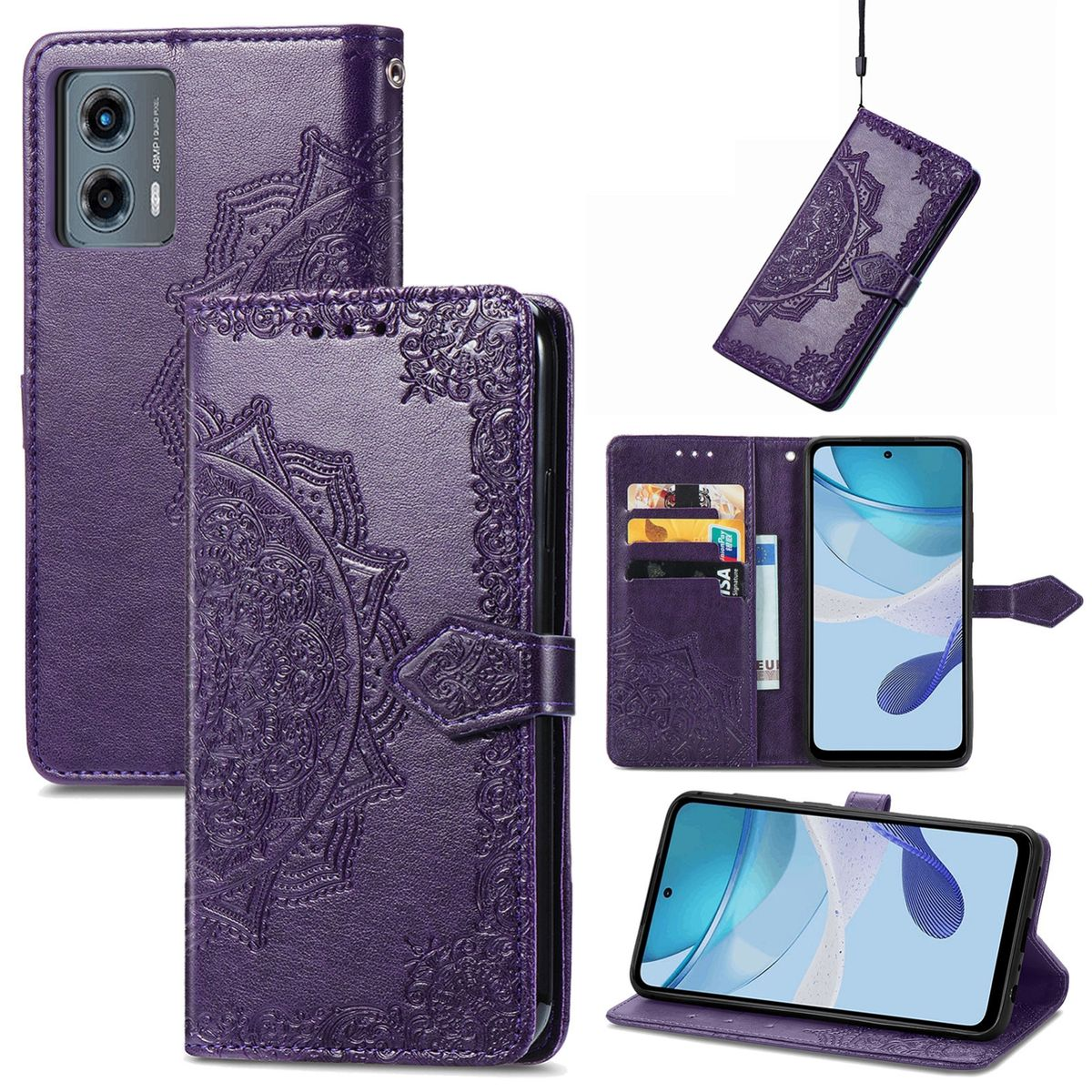 Lila Handyhülle mit geprägtem Mandala-Design. Mehrere Ansichten: vorne, hinten, offen mit Telefon und Karten.
