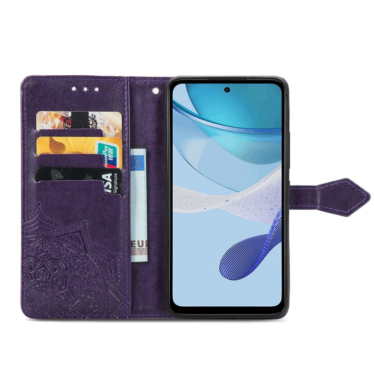 Lila Handyhülle offen mit Telefon darin. Es hat Kartenfächer und ein Mandala-Design mit einem Ausschnitt.