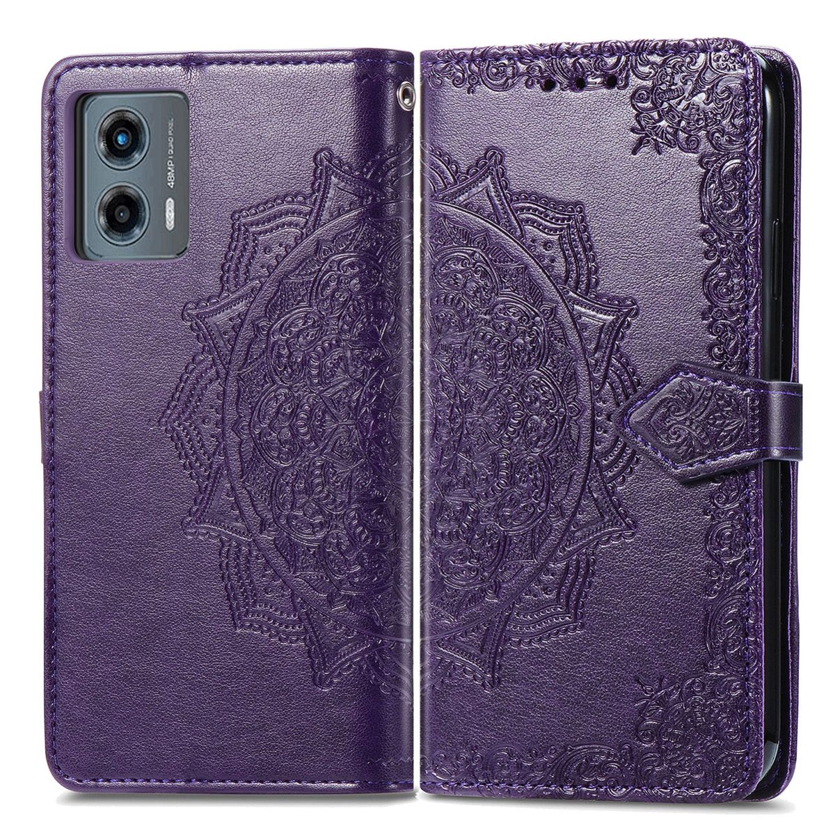 Lila Handyhülle mit Mandala-Design, offen, zeigt das Telefon. Dunkellila.