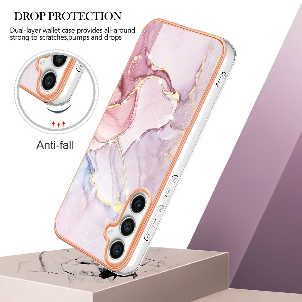Handyhülle mit Marmordesign, rosa und goldenen Farbtönen und weißem Rand. Anti-Fall-Schutz auf zerbrochener Oberfläche.