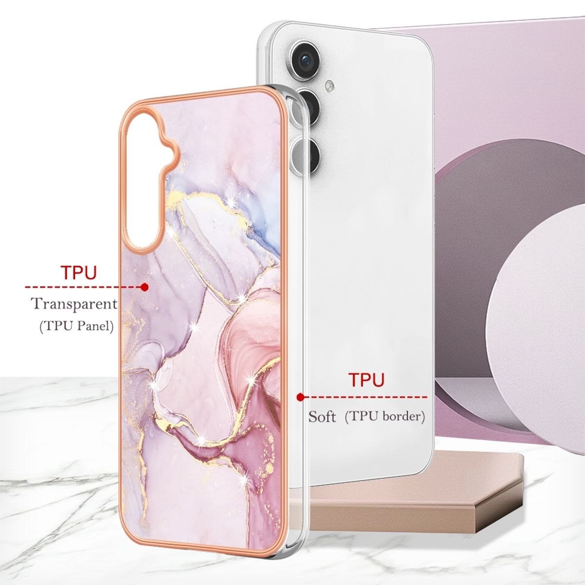 Handyhülle mit Marmor-Design, transparentem Rücken und goldenem Rand, zweites Handy daneben.