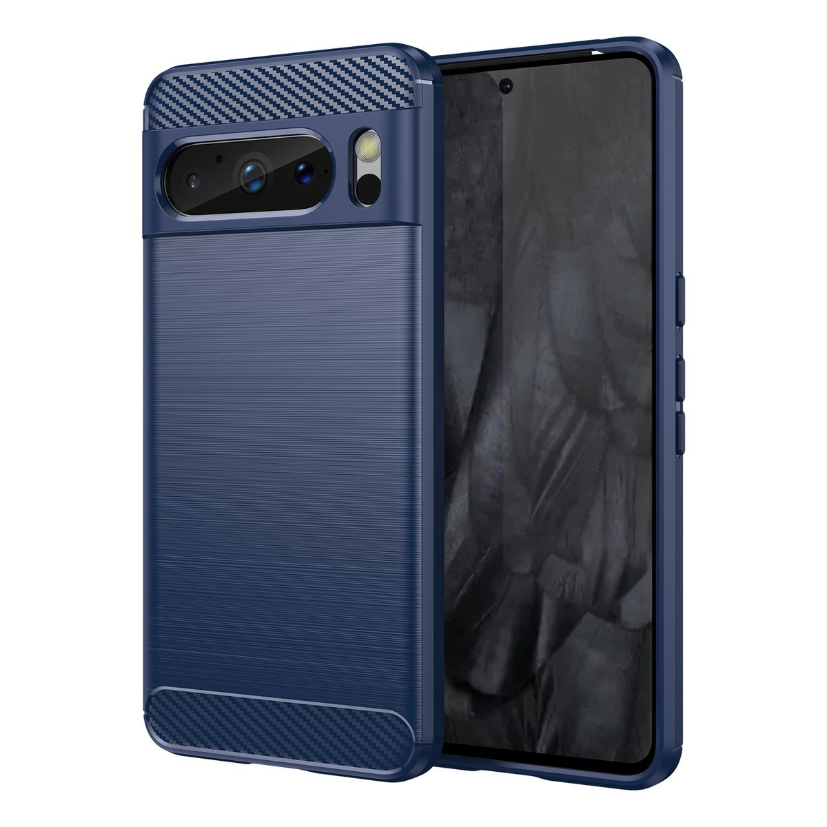 Blaue Handyhülle mit strukturierter Rückseite und Kameraausschnitten. Die Hülle bedeckt ein Telefon, das Kamera und Bildschirm zeigt.