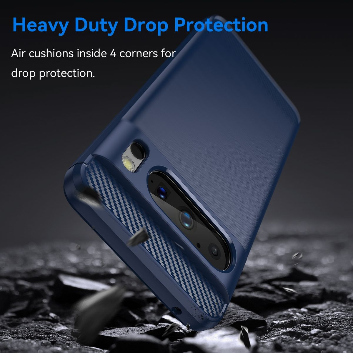 Blaue Handyhülle mit Textur. Text: "Heavy Duty Drop Protection" und "Luftpolster innen".