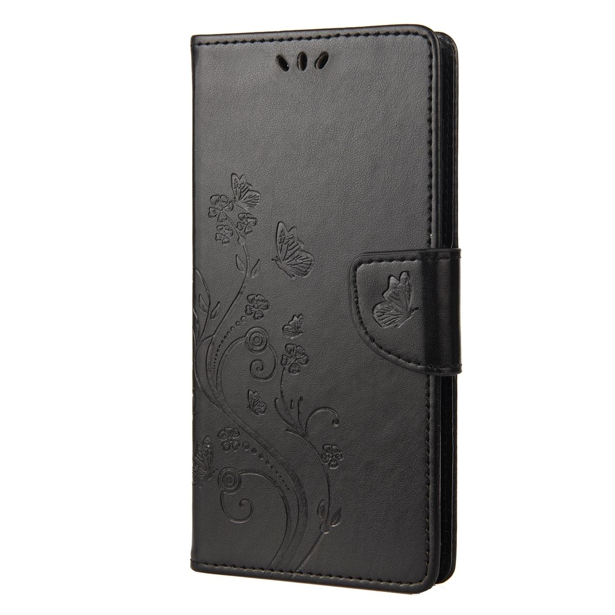 Schwarze Leder-Handyhülle mit floralem Design. Geschlossen, mit einem Schmetterling auf der Verschlussklappe geprägt.