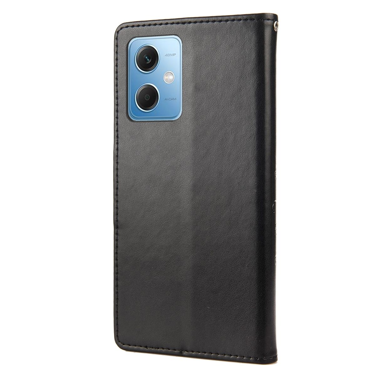 Schwarze Handyhülle, die ein Telefon bedeckt. Die Rückseite der Hülle wird gezeigt.