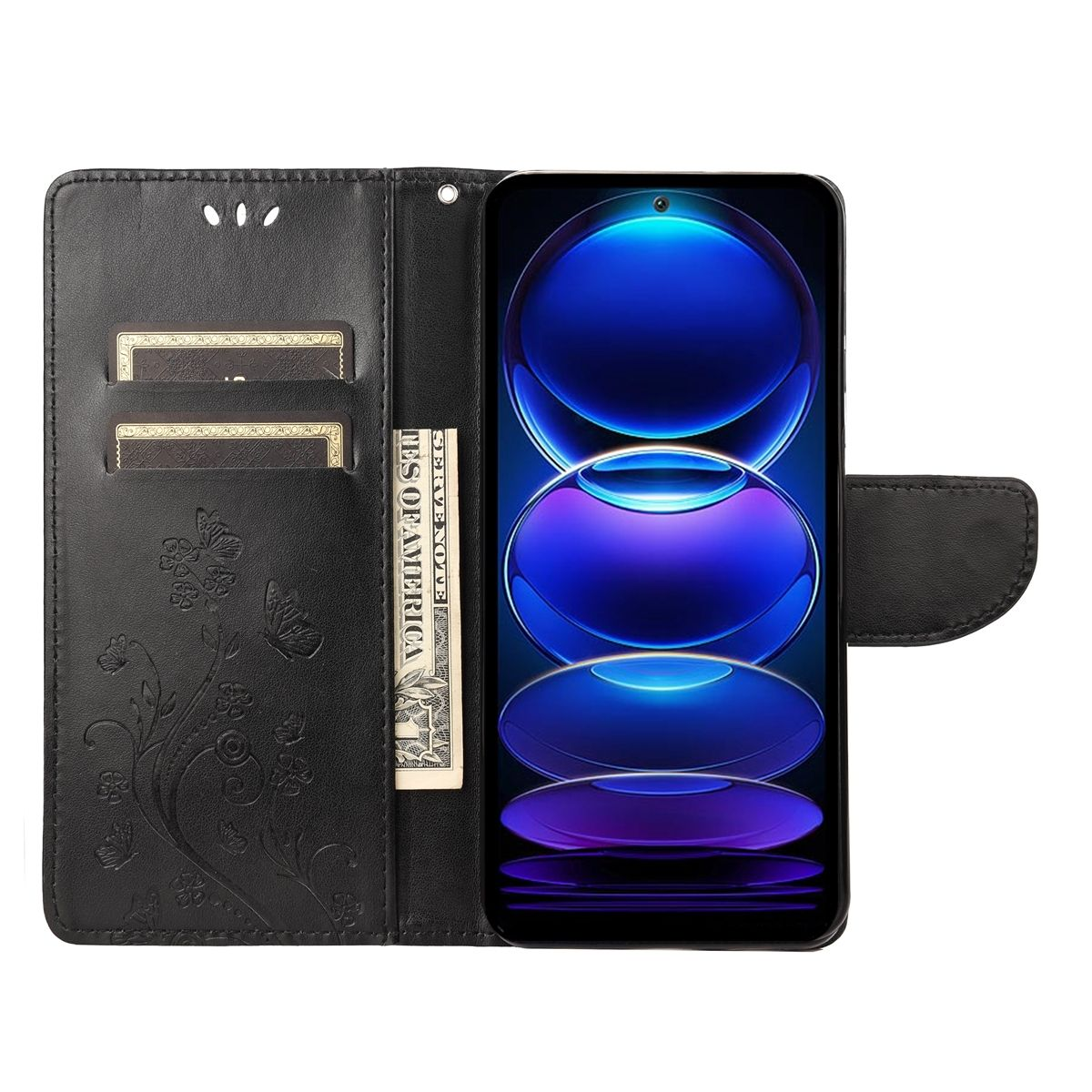 Geöffnete Handyhülle mit Telefon. Mit Dollarnote, Karten und Blumendesign.