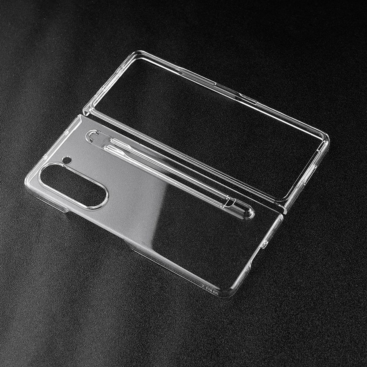 Transparente Handyhülle, offen, zeigt den inneren Mechanismus eines Falttelefons.