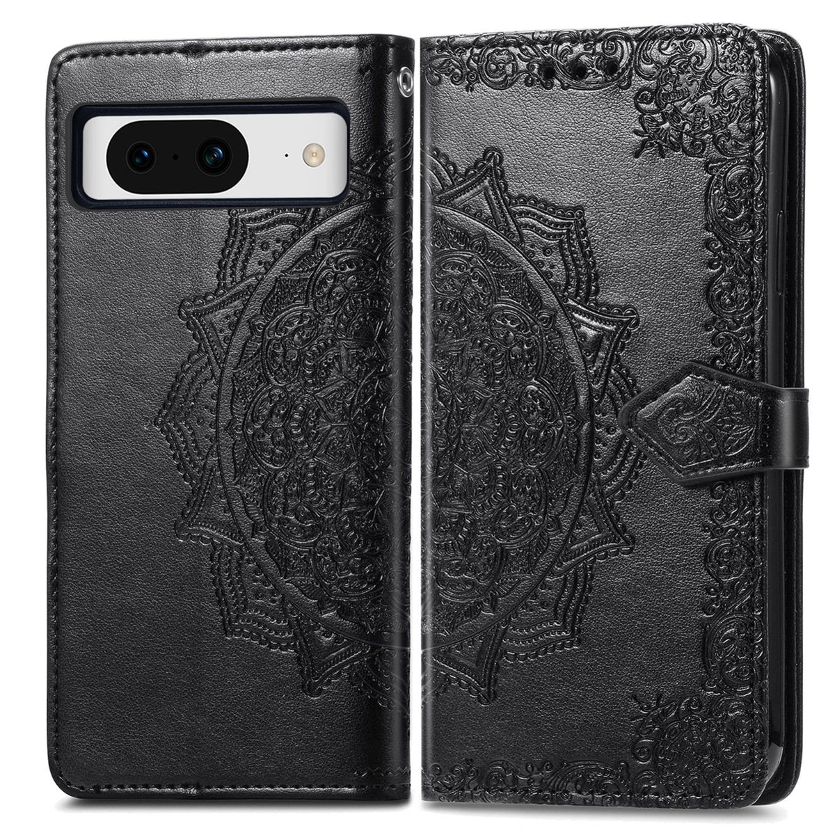 Schwarze Handyhülle mit detailliertem Blumenmuster, offen und zeigt das Telefon.