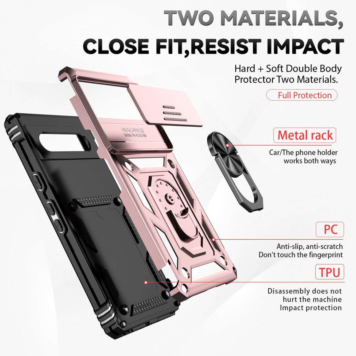 Handyhüllen-Teile, rosa und schwarz, mit Metallring für eine Autohalterung.